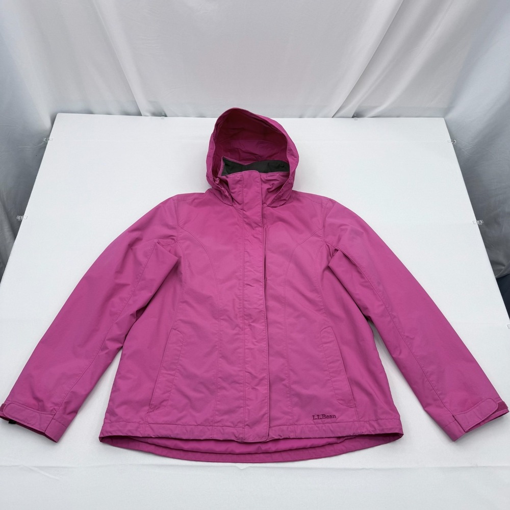 LL Bean Nylon Jacket Womens Large Pink Stowaway Hood Outer Shell Full Zip READ
